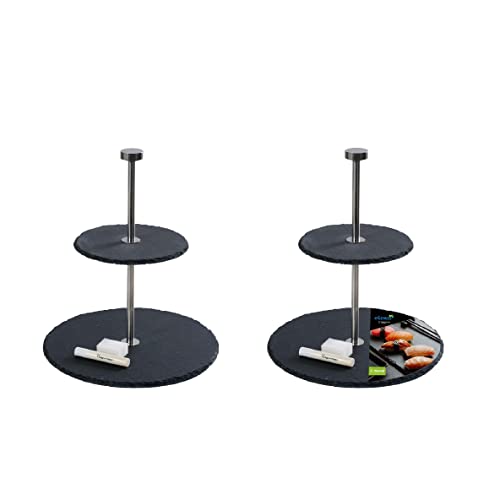 eGenuss 2er-Set Schiefer Etagere 2 Etagen rund modern für Hochzeit, Party, Restaurant | Inklusive Kreide und Schwamm von eGenuss