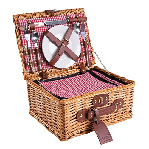 eGenuss Weidengeflecht Picknickkorb für 2 Personen mit Kühlfach & Zubehör – Picknick Set mit Besteck, Porzellanteller, Weingläser – für Camping, Hochzeit & Geschenkidee – ROT von eGenuss