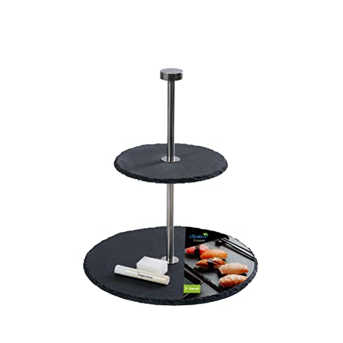 eGenuss 1er-Set 2-stöckige Etagere mit Edelstahl Stange und runde Schieferplatten modern schwarz | Inklusive Kreide und Schwamm von eGenuss