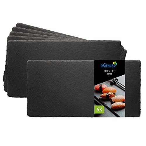 eGenuss 6er-Set Schieferplatten Dessertteller Sushi Geschirr schwarz Teller Schiefer Serviertablett 30x15 cm von eGenuss