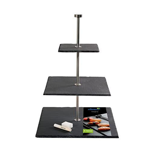 eGenuss 1er-Set 3-stöckige Etagere mit Edelstahl Stange und eckige Schieferplatten modern schwarz | Inklusive Kreide und Schwamm von eGenuss