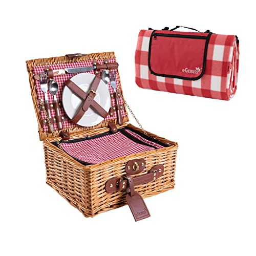 eGenuss Set 1 Handgefertigtes Picknickkorb für 2 Personen mit Kühlfach und Zubehör + 1 wasserdichte Picknickdecke | Rot von eGenuss