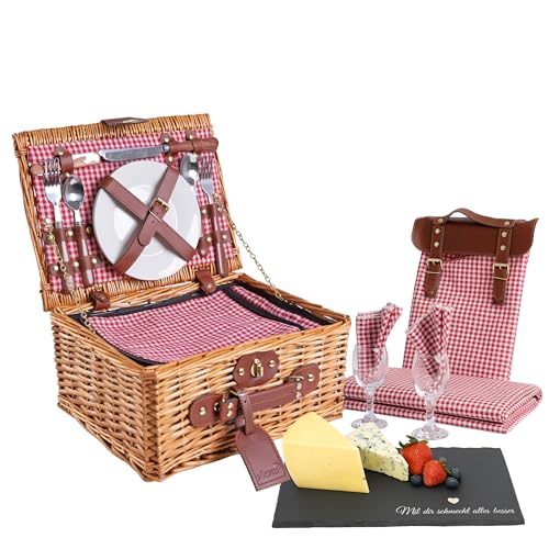 eGenuss Picknickkorb für 2 Personen, Weidenkorb mit isoliertem Kühlfach, Picknickdecke, Schieferschneidebrett, Tasche, Servietten – Hochwertige Keramik, Echtglas, Edelstahl | Rot von eGenuss