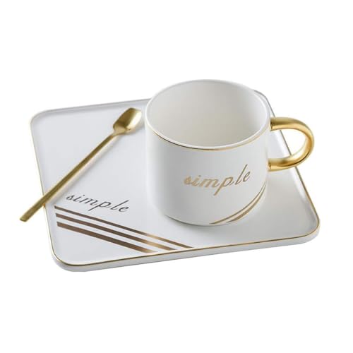 eKsdf Keramik Tasse mit Untertasse 200 ml Kaffeebecher mit Henkel und Goldrand Kaffeetasse Steingut Kaffee Tassen Schwarz Kaffetasse Geschenk für Männer Frauen Oma Papa Mama Kollegin (Weiß) von eKsdf