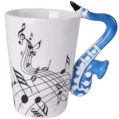 eKsdf Keramiktasse Musik Motiv Kaffeebecher mit Saxophon Henkel Lustige Teetasse Porzellan Tasse Keramik Kaffee Becher Geschenk für Freunde Kollegen (Blau) von eKsdf