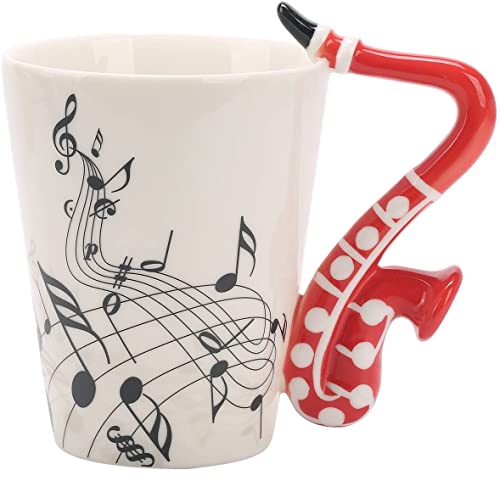 eKsdf Keramiktasse Musik Motiv Kaffeebecher mit Saxophon Henkel Lustige Teetasse Porzellan Tasse Keramik Kaffee Becher Geschenk für Freunde Kollegen (Rot) von eKsdf