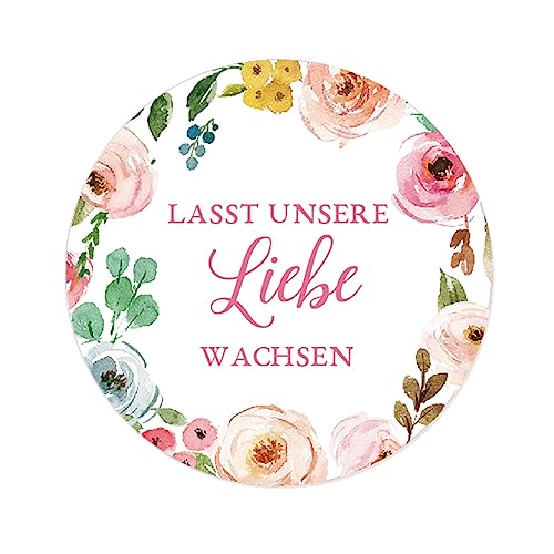 100x Kranz 'Lasst unsere Liebe wachsen' Aufkleber Sticker selbstklebende Etiketten zur Hochzeit Gastgeschenk, für Blumensamen,Samentüten,Blumentöpfe,Reagenzgläser 4cm rund - UNI 321 H von eKunSTreet