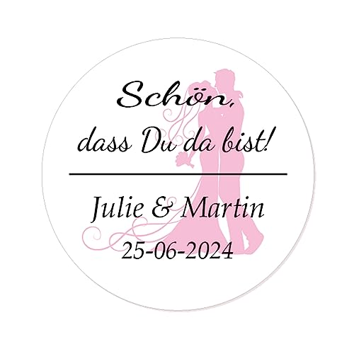 eKunSTreet ® 48 Stück personalisiert 'Schön, dass du da bist!' Aufkleber - Ehepaare Hochzeitssticker - 4 cm für die Hochzeit,Gastgeschenk,Tischdeko,Flaschen, Tüten, Briefen, Einladungen - Rd 080 von eKunSTreet