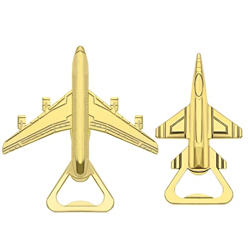 eMagTech 2 Stück Flaschenöffner in Flugzeugform und in Form eines Jägers, Flaschenöffner, Gadget, Dekoration für Flugzeuge, Geschenke für Piloten mit Geschenkbox, goldfarben von eMagTech