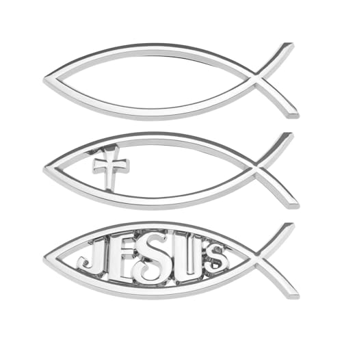 eMagTech 3 Stück 3D Auto Jesus Fisch Aufkleber 3 Stil Christian Kreuz Fisch Emblem Metall Optik Aufkleber für Auto Fenster Laptop Gepäck Kühlschrank 140 x 45 x 6 mm, Silber von eMagTech