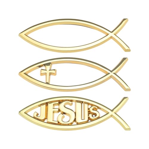 eMagTech 3 Stück 3D Auto Jesus Fisch Aufkleber 3 Stil Christian Kreuz Fisch Emblem Metall Optik Aufkleber für Auto Fenster Laptop Gepäck Kühlschrank 140 x 45 x 6 mm, Golden von eMagTech