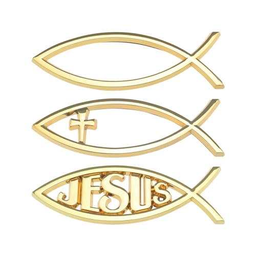 eMagTech 3 Stück 3D Jesus Fisch Aufkleber 3 Stile christliches Kreuz Fisch-Emblem Metalloptik Aufkleber für Autofenster Laptops Gepäck Kühlschrank 140 x 45 x 6 mm, Golden von eMagTech