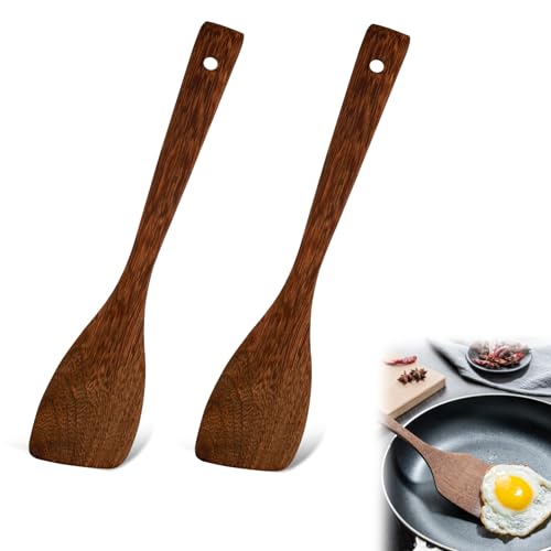 2er Set Geschlitzter und Massiver Holz Pfannenwender, 30cm, Natürliches Holz, Antihaft, Spülmaschinenfest, Ergonomischer Griff, Hitzebeständig - Perfekt für Kochen und Servieren von eModwey