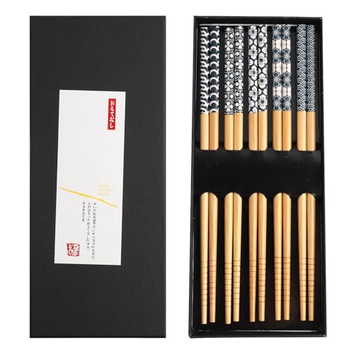 5 Paar Japanischer Stil Bambus Essstäbchen Wiederverwendbar Essstäbchen mit Box, Spülmaschinenfest Essstäbchen, 22,5 cm von eModwey