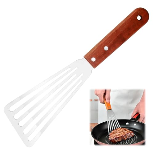 Pfannenwender Edelstahl mit Schlitzen zum Wenden von Fischen Fleischeiern Pfannkuchen Abgeschrägtes, Ergonomisches Design, Hitzebeständiger Holzgriff von eModwey