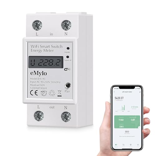 eMylo Strommessgerät für Balkonkraftwerk, Digitaler Einphasig Stromzähler Auslesen wlan, Energiemessgerät mit LCD-Anzeige Schalter KWh Kompatibel mit Tuya Smart/Smart Life/Alexa, 90-250V 60A von eMylo