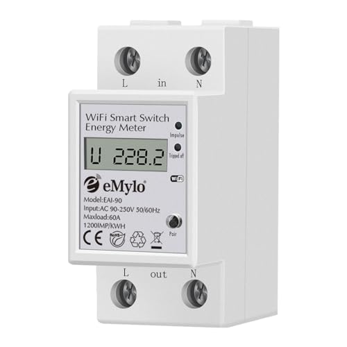 eMylo Smart WIFI Energiezähler, Einphasiger DIN Schienen LCD Digitalzähler, Strom Stromverbrauch Monitor Meter, 60A 90-250V, Unterstützung Alexa Google Assistent APP-Fernbedienung für Haus, Wohnung eMylo Smart WIFI Energiezähler, Einphasiger DIN Schienen LCD Digitalzähler, Strom Stromverbrauch Monitor Meter, 60A 90-250V, Unterstützung Alexa Google Assistent APP-Fernbedienung für Haus, Wohnung von eMylo