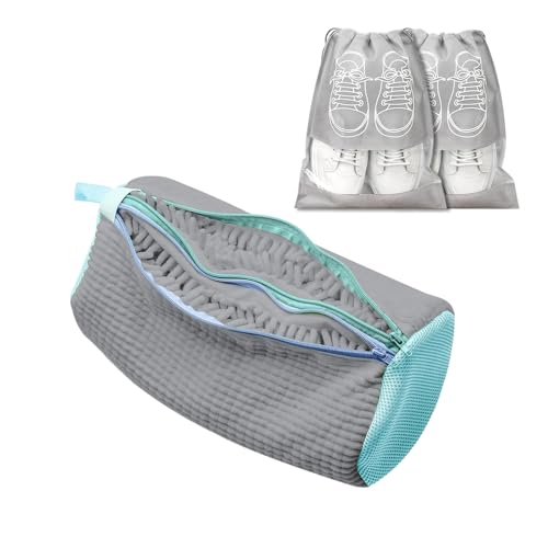2 in 1 Schuhwaschbeutel Waschmaschine mit Doppel-Reißverschluss & Doppeltaschen - 360° Allround Reinigung, Wiederverwendbar Waschbeutel Schuhe für alle Schuharten und Größen - Grau inkl. 2 Staubbeutel von ePicsoa