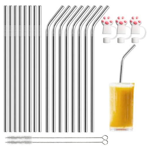 21 Stück Edelstahl Strohhalme Set - 21,5cm Wiederverwendbar Trinkhalmen Inkl. 8 Gerade + 8 Gebogene + 2 Bürsten + 3 Abdeckungen für Cocktails, Smoothies, Säfte | Nachhaltig Strohhalme Edelstahl von ePicsoa