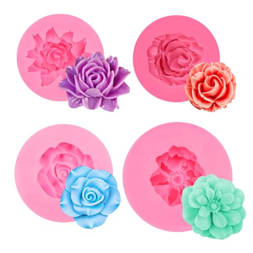 4 Stück 3D Silikonform Blumen, Kerzenform Silikon Rosen Nelke Mohn Silikonformen für DIY Kerzen, Schokoladen, Gelees & Harzkunst - Wiederverwendbare Backzubehör Dekoration mit Leichtem Entformen von ePicsoa