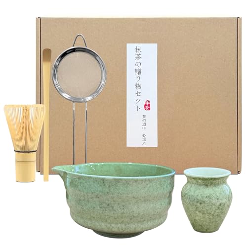 5-teiliges Matcha-Schneebesen-Set, japanisches Matcha-Zeremonie-Set in Matcha-Grün – Bambus-Chasen-Schneebesen, Keramik-Teeschale, Schaufel, Sieb und Matcha-Schneebesenhalter – handgefertigtes von ePicsoa