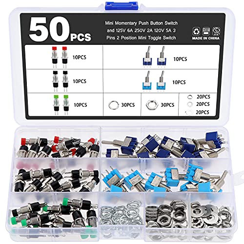 eROOSY 50 Mini-Kippschalter und Momentaner Druckknopfschalter - 30 2Pin Tastschalter und 20 3 Pin Wippschalter für DIY und Kleine Leistungselektronische Projekte von eROOSY