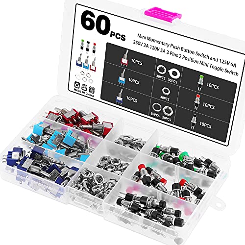 eROOSY 60 PCS 250V 1A AC Mini Momentary Push Button Switch und 125V 6A 250V 2A 120V 5A 3 Pins 2 Position Mini Kippschalter Industrieschalter von eROOSY