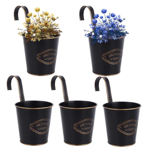 eROOSY 5 ST Pflanztopf Metall Vintage Schwarz, Blumentopf Hängend Metall Schwarz, Blumentöpfe zum Aufhängen, Metall Vintage Balkon Hängetöpfe mit Haken von eROOSY