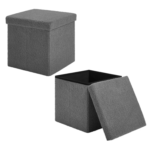 eSituro 2er Set Faltbarer Sitzhocker mit Stauraum, Fußhocker Polsterhocker Sitztruhe Aufbewahrungsbox, bis 300 kg belastbar, aus Teddyfleece, Dunkelgrau von eSituro