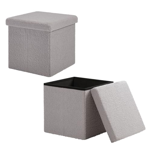 eSituro 2er Set Faltbarer Sitzhocker mit Stauraum, Fußhocker Polsterhocker Sitztruhe Aufbewahrungsbox, bis 300 kg belastbar, aus Teddyfleece, Hellgrau von eSituro