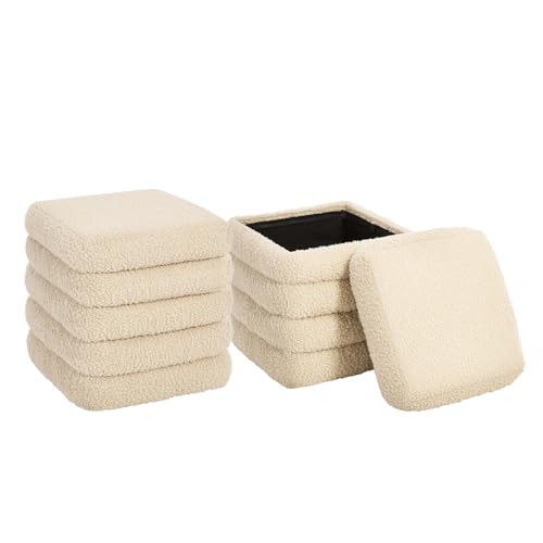 eSituro 2er Set Sitzhocker mit Stauraum, Faltbarer Hocker, Polsterhocker aus Teddystoff, Fußhocker Sitzwürfel Aufbewahrungshocker, für Wohnzimmer Schlafzimmer, Beige von eSituro