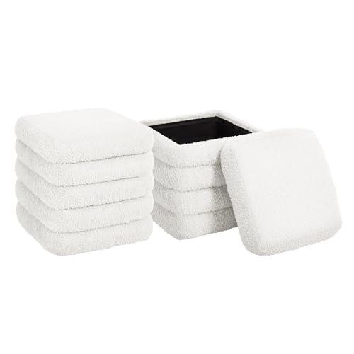 eSituro 2er Set Sitzhocker mit Stauraum, Faltbarer Hocker, Polsterhocker aus Teddystoff, Fußhocker Sitzwürfel Aufbewahrungshocker, für Wohnzimmer Schlafzimmer, Weiß von eSituro