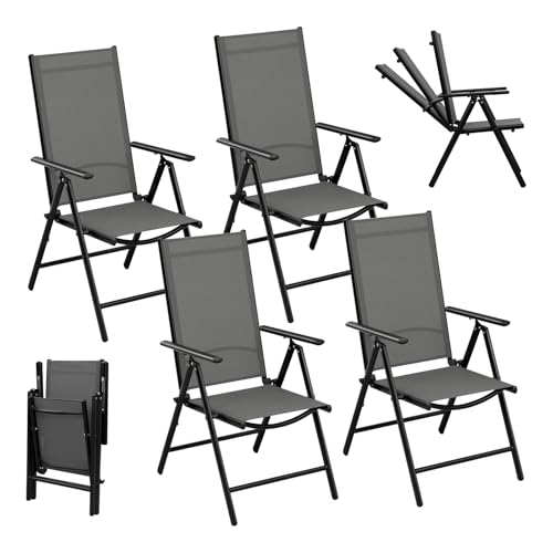 eSituro 4er Gartenstuhl Hochlehner Klappbar 7-Fach Verstellbare Rückenlehne Klappstühle 150 kg Belastbar Campingstuhl Balkonstuhl Klappsessel Garten Terrasse, Schwarz Grau von eSituro