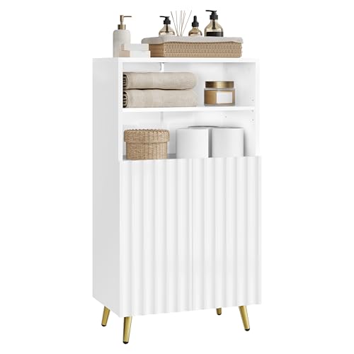 eSituro Badezimmerschrank, Badschrank, Badkommode mit 2 offenen Fächern, 2 Türen, 2 verstellbaren Einlegeböden, Schrank Badezimmer weiß, 50x93x30 cm von eSituro