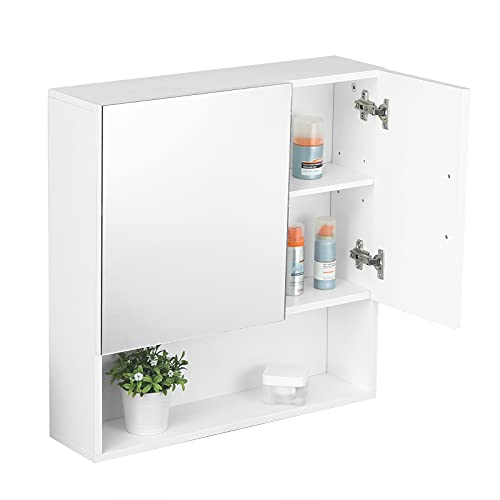 eSituro Badezimmerschrank Badeschrank Spiegelschrank 3 Etagen 4 Staufächer EIN offenes Fach Badregal aus MDF verstellbare Einlegeböden 54x55x15 cm Weiß von eSituro