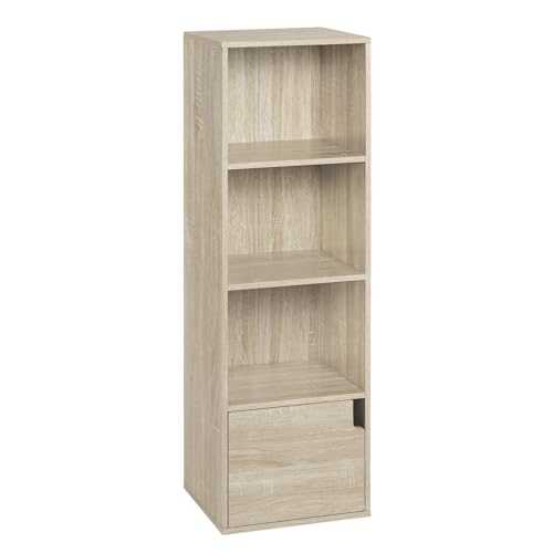 eSituro Bücherregal Bücherschrank, Regal mit 4 Fächern 1 Tür, Standregal, Würfelregal, Aufbewahrungsregal für Wohnzimmer Schlafzimmer Büro, helle Eiche, 34 x 106 x 24 cm, SBKC0049 von eSituro