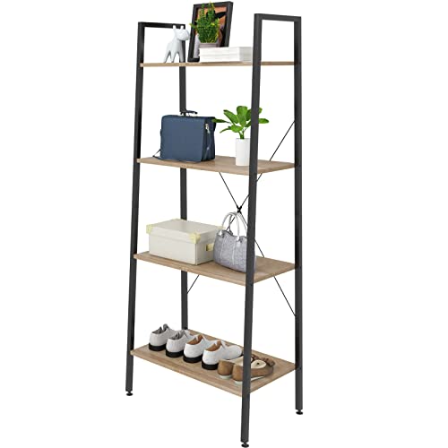 eSituro Bücherregal Leiterregal 4 Ablagen Standregal Aufbewahrung Küchenregal Badregal 60x35x148CM Schwarz+Hell Eiche SSTR0020 von eSituro