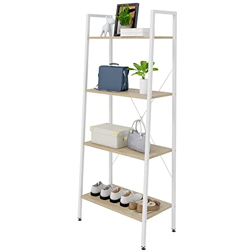 eSituro Bücherregal Leiterregal 4 Ablagen Standregal Aufbewahrung Küchenregal Badregal 60x35x148CM Weiß+hell Eiche SSTR0039 von eSituro