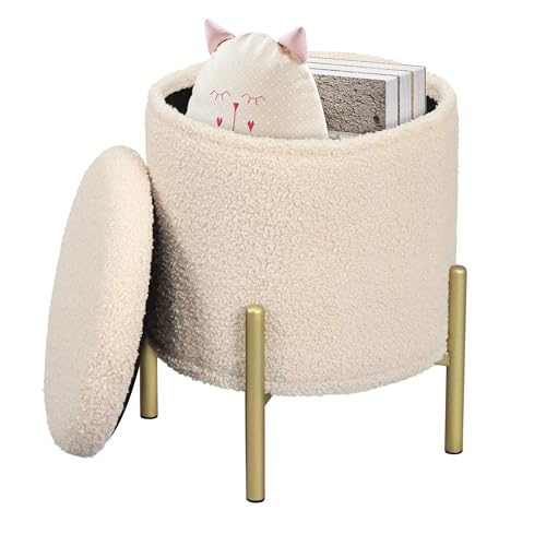 eSituro Hocker mit Stauraum, Sitzhocker rund faltbar, Falthocker mit Metallbeinen Deckel, Polsterhocker für Wohnzimmer Schlafzimmer Fußhocker Sitztruhe aus Teddyfleece φ35xH41 cm Beige von eSituro