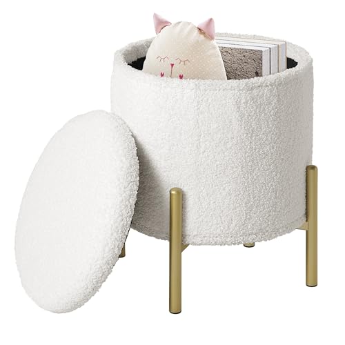 eSituro Hocker mit Stauraum, Sitzhocker rund faltbar, Falthocker mit Metallbeinen Deckel, Polsterhocker für Wohnzimmer Schlafzimmer Fußhocker Sitztruhe aus Teddyfleece φ35xH41 cm weiß von eSituro