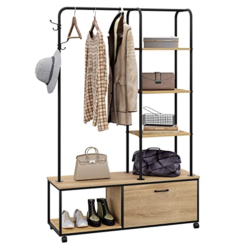 eSituro Kleiderständer, freistehender Garderobenständer auf 4 Rollen, mit 1 Kleiderstange Schrank, 5 Ablagen 3 Haken, Multifunktionales Regal aus MDF Metall, Schwarz Holzmaserung von eSituro