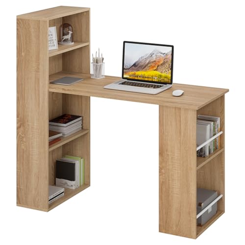 eSituro 120cm Schreibtisch mit Regalen, Computertisch mit Regal,Bürotisch mit Bücherregal,Tisch mit Ablagefächern, Desk with Bookshelf, 122x55x120 cm, Helles Holz von eSituro