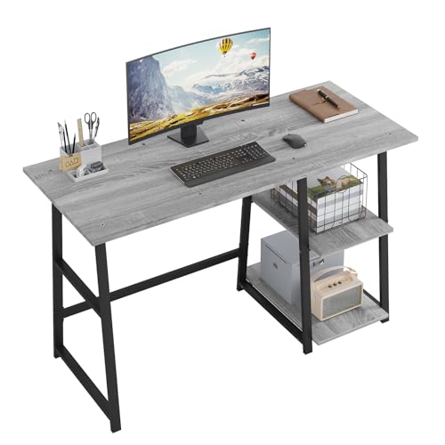 eSituro Schreibtisch, Tisch mit Regal rechts oder Links, Computertisch, Bürotisch, PC Tisch, Industrie Design, für Homeoffice, mit Metallgestell, Holzwerkstoff, schwarz, grau, 120x73x50 cm von eSituro