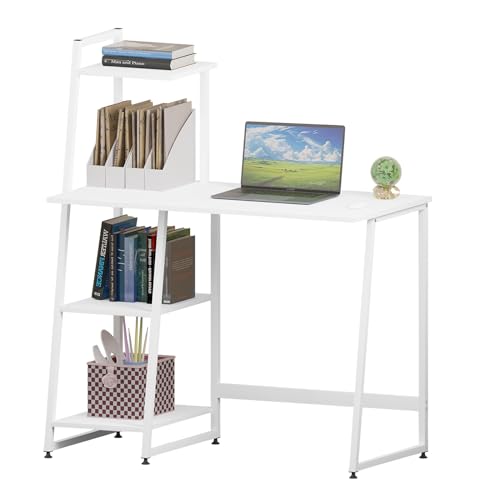 eSituro 100cm Kleiner Schreibtisch mit Regalen, Computertisch mit Ablagen, Bürotisch weiß, Kleiner Tisch, Small Desk with Bookshelf, Schreibtisch für Home Office, 100x50x118 cm,Weiß von eSituro