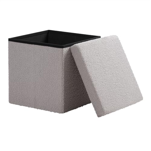 eSituro Sitzhocker mit Stauraum, Faltbarer Hocker, Fußhocker, Polsterhocker, Aufbewahrungsbox Sitzwürfel für Wohnzimmer Schlafzimmer Eingangsbereich, aus Teddyfleece, Hellgrau, SOM0223 von eSituro