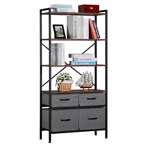 eSituro Standregal mit 4 Ebenen Bücherregal mit 4 Schubladen Küchenregal aus Holz Metall Lagerregal Wohnzimmer Küche 74x150x29 cm Dunkelbuche SSTR0103 von eSituro