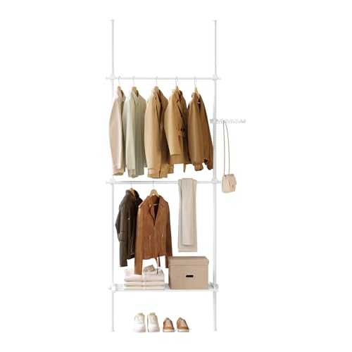 eSituro Teleskopischer Kleidertrog, Bodenständiger Kleiderständer von Boden bis Decke mit 2 Hängerstäben, 1 Ablage und Seitenhaken, Offene Garderobe mit Kleiderstange, Weiß von eSituro