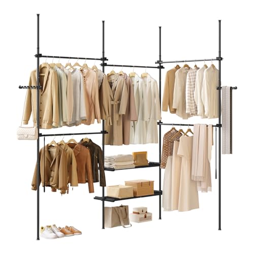 eSituro Teleskopischer Kleidertrog, Bodenständiger Kleiderständer von Boden bis Decke mit 5 Hängerstäben, 2 Ablage und Seitenhaken, Offene Garderobe mit Kleiderstange, Schwarz von eSituro