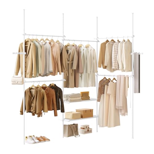 eSituro Teleskopischer Kleidertrog, Bodenständiger Kleiderständer von Boden bis Decke mit 5 Hängerstäben, 2 Ablage und Seitenhaken, Offene Garderobe mit Kleiderstange, Weiß von eSituro