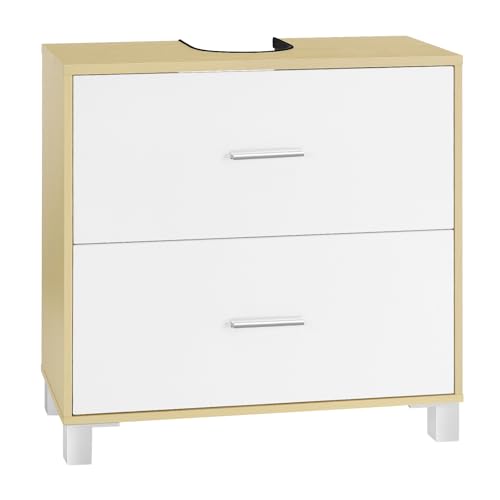eSituro Waschbeckenunterschrank Weiß+Holz, Badezimmerschrank mit 2 Schubladen, Badezimmer Unterschrank Waschbecken, Waschtischunterschrank freistehend, Badunterschrank, 60x60x30 cm von eSituro